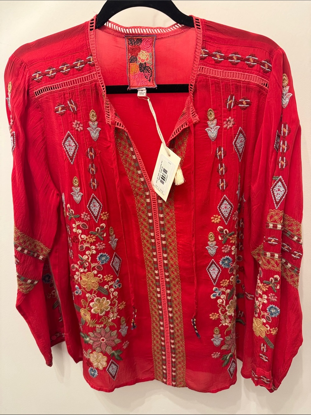 Embroidered Red Women's Boho Button-Front Top